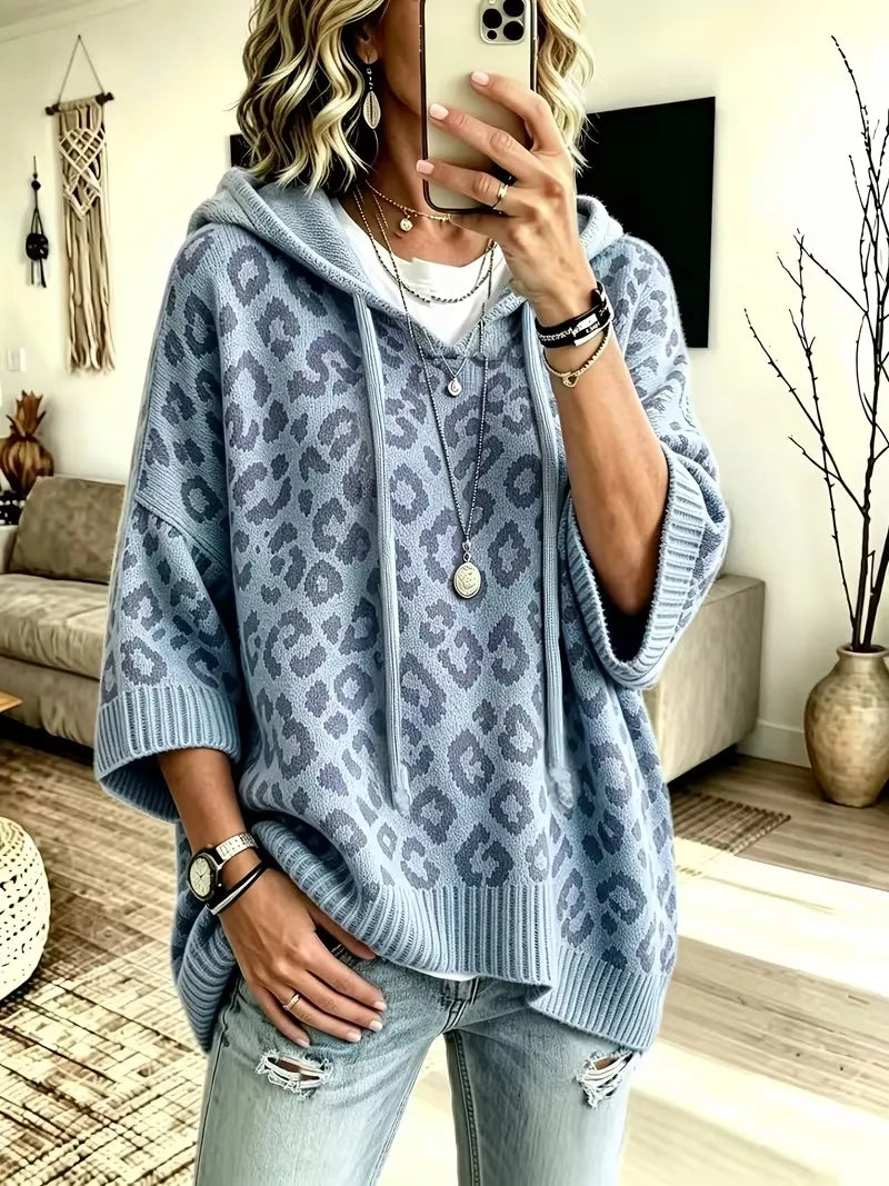 Women's Loose-Fit Leopard Print Knitted Hoodie With Drawstring