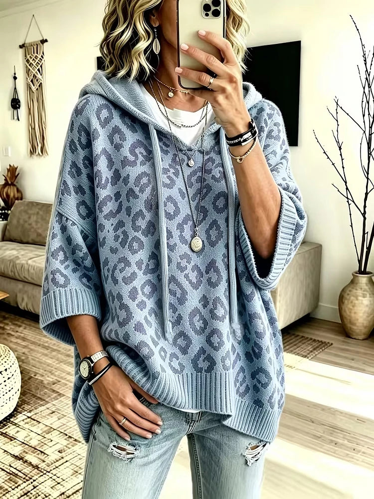 Women's Loose-Fit Leopard Print Knitted Hoodie With Drawstring