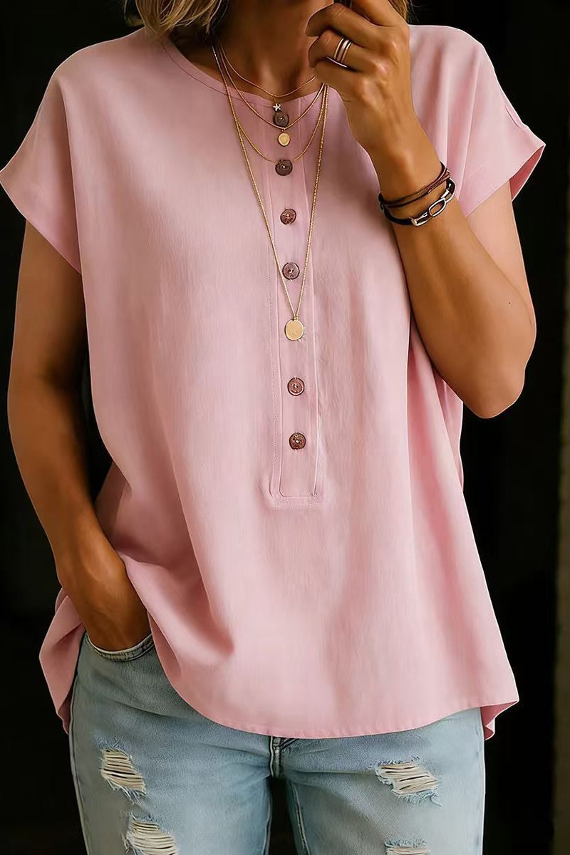 Button-Down Solid Color Elegant Retro Fashion Round Neck Short Sleeve