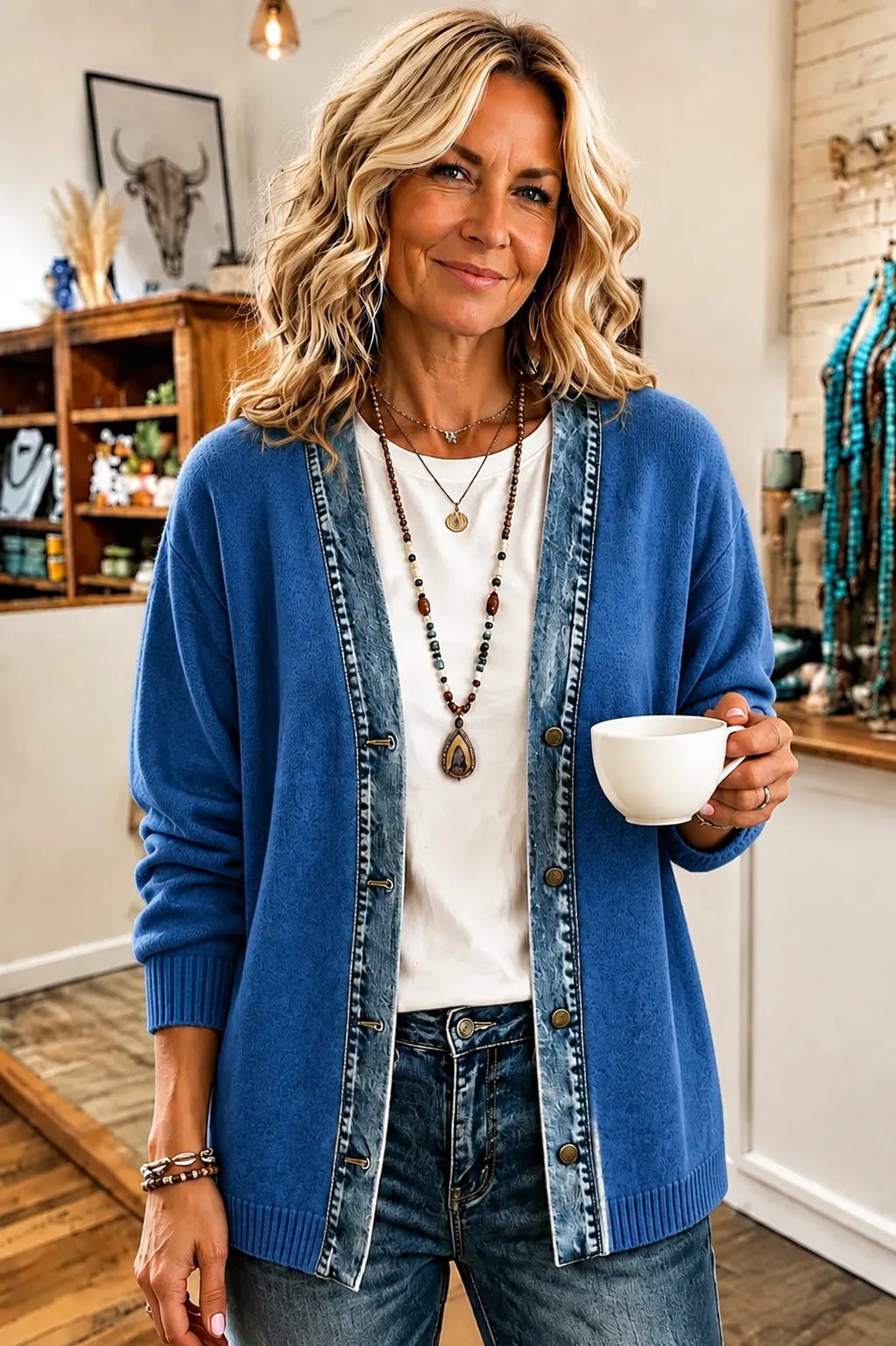 Women'S Vintage Knitted Sweater With Denim Trim Coat, Casual Long Sleeve Cardigan