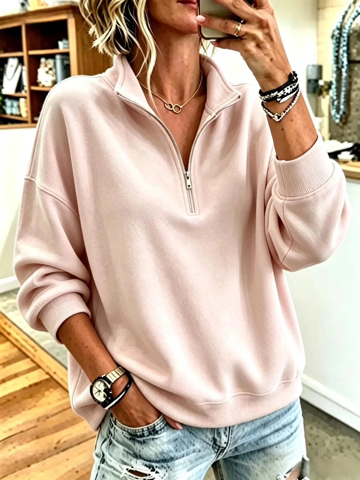 Women Plain Stand Collar Casual Spring/Fall Long Sleeve Sweatshirt