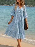 Floral Tiered Midi Dress with V-Neck Tie