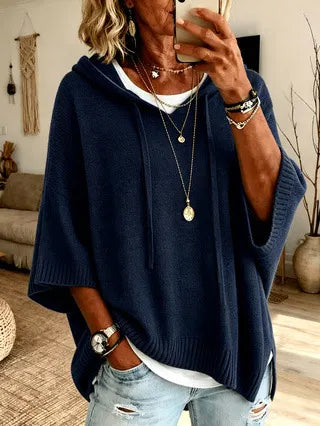 Women's Loose-Fit Knitted Hoodie With Drawstring