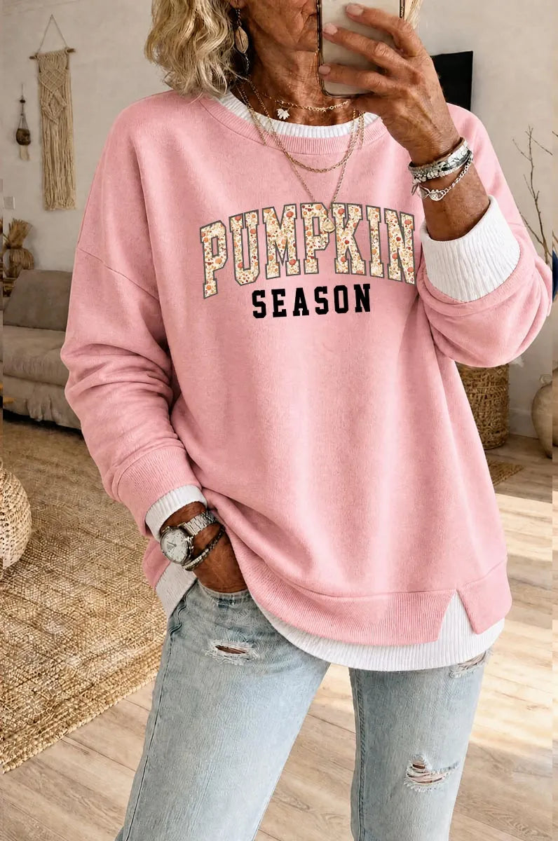 Women's Pumpkin Season Pattern  Fake Two Piece Layered Sweatshirt