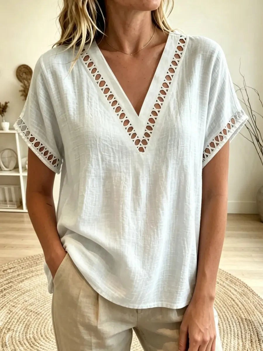 Women's V-Neck Eyelet Trim Short Sleeve Linen Blouse