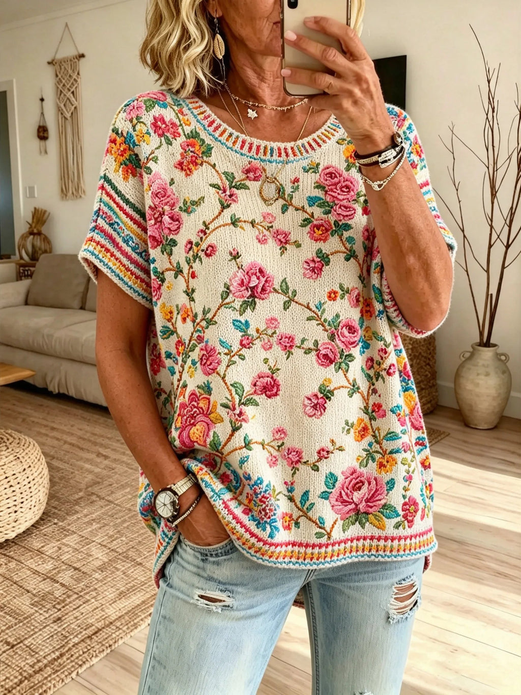 Women's Off-White Base Vintage Rose Floral Stripe Print Crew Neck Loose Short Sleeve Knit Top