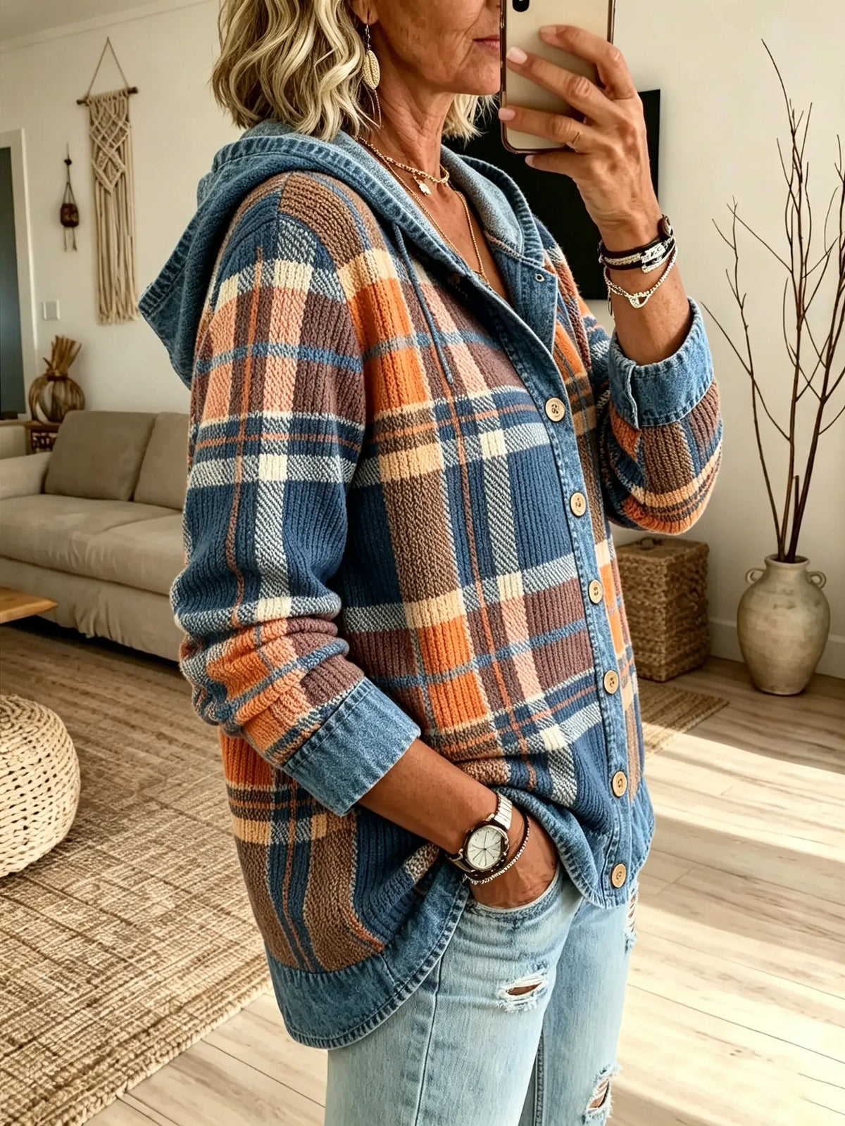 Women Vintage Colorblock Plaid Denim Spliced Hooded Knit Cardigan