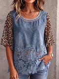 Vintage Elegant Denim Patchwork Hollowed Out Lace Leopard Print Shirt