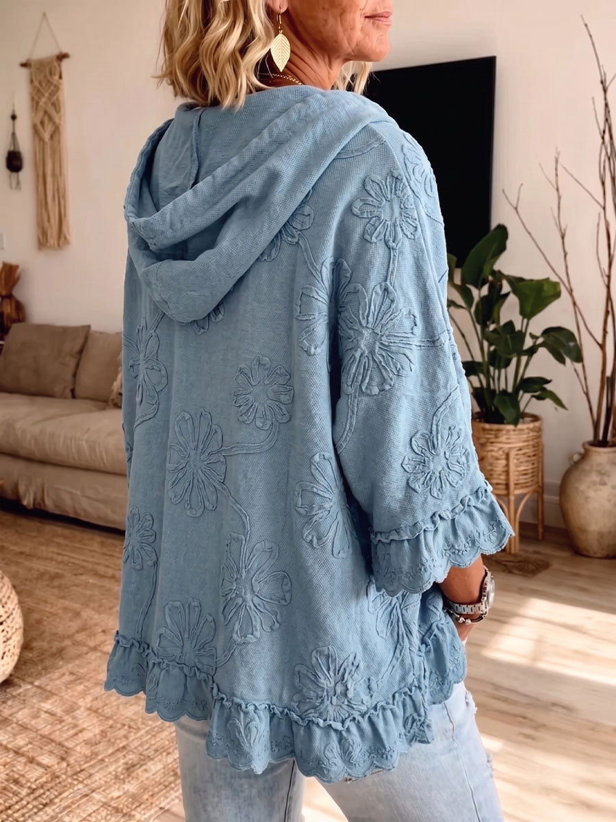 Vintage Elegant Color Blocked Hooded Ruffled Flowers Sweatshirt