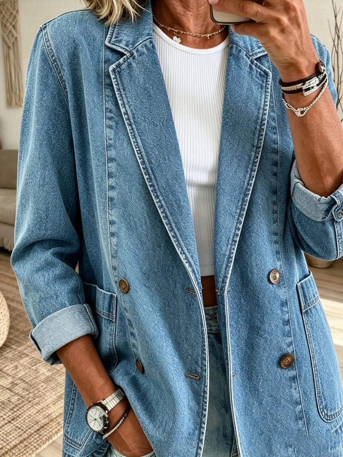 Women's Solid Wash Denim Blazer Jacket