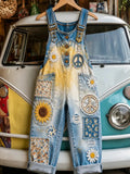 Women's Gradient Tie-dye Sunflower Peace Sign Floral Patch Distressed Denim Overalls