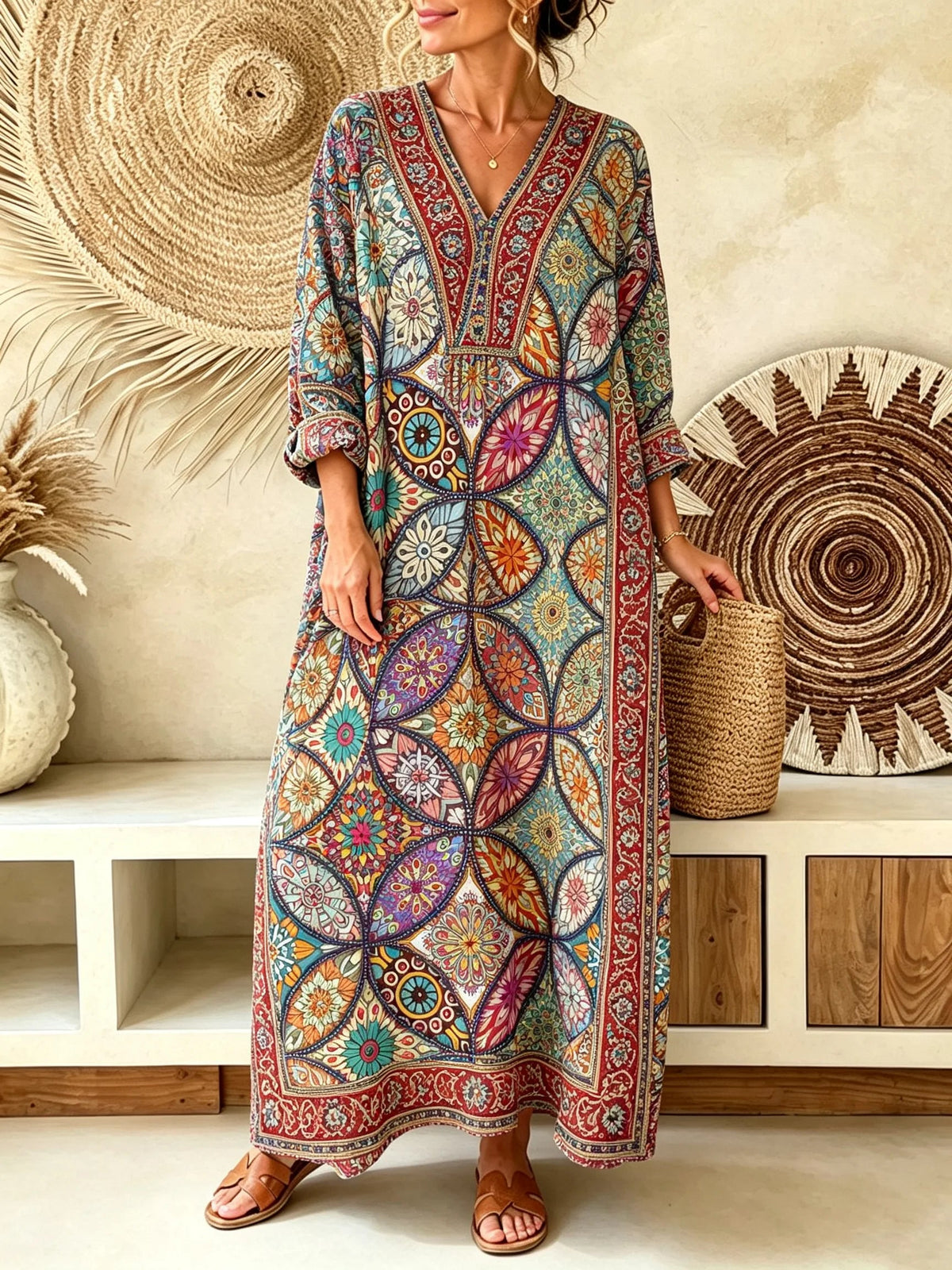 Women Vintage Diamond Floral Patchwork Print V-neck Maxi Dress