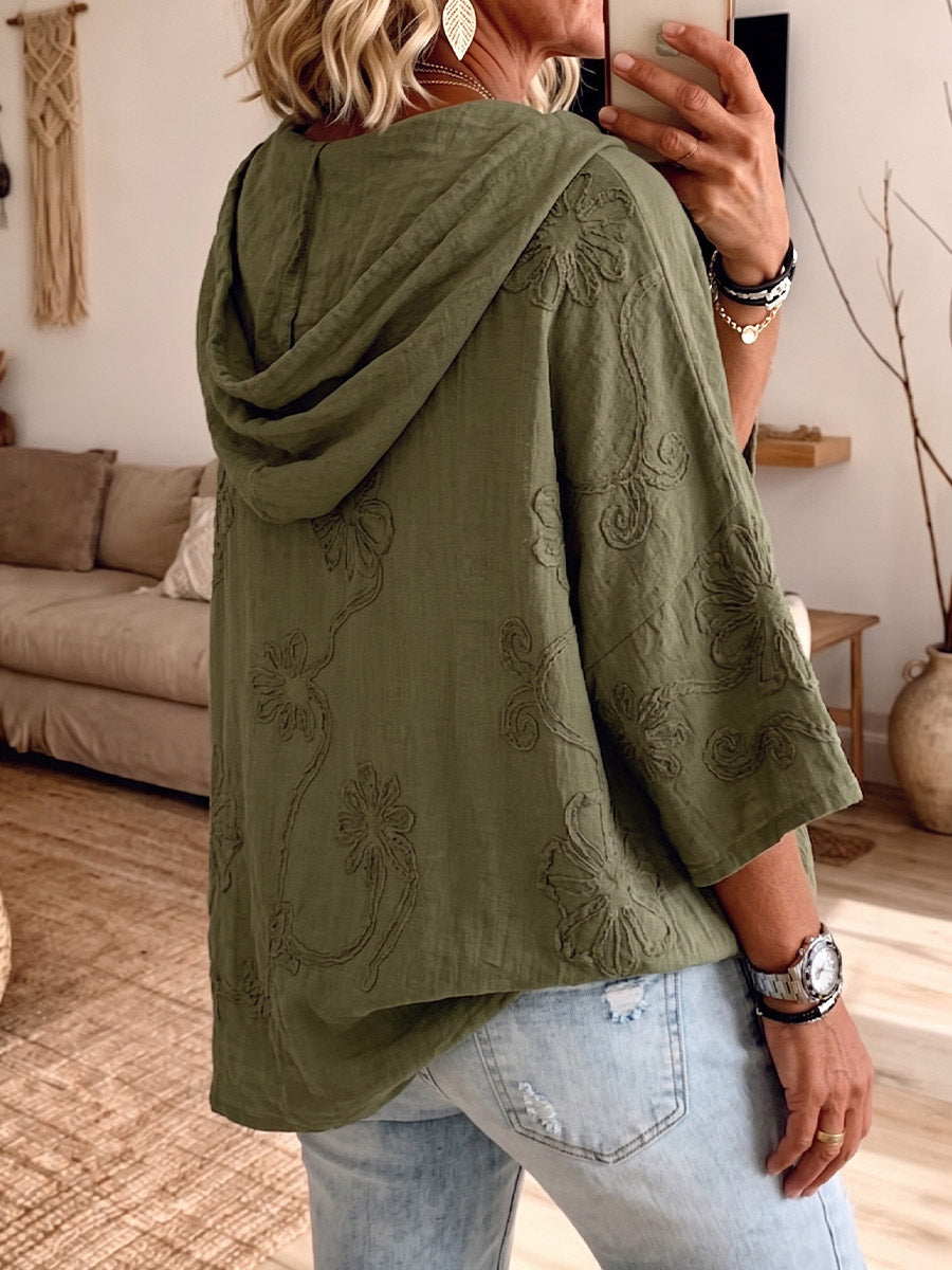 Vintage Elegant Color Blocked Hooded Floral Cotton Linen Shirt