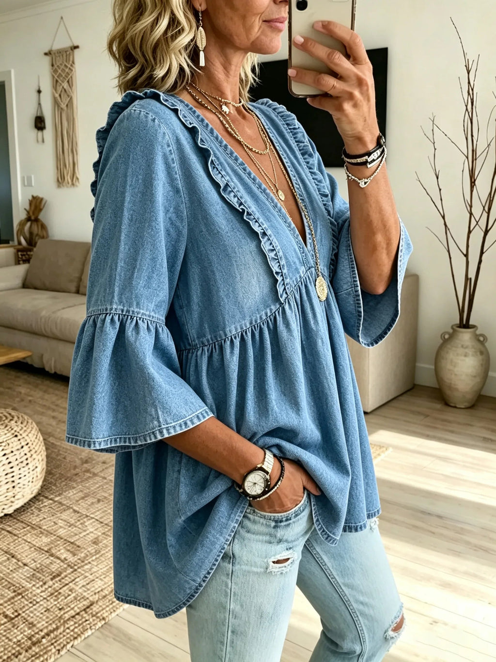 Women Solid Washed Denim V-neck Peplum Blouse