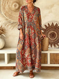 Women Vintage Ethnic Floral Geometric Print V-neck Maxi Dress