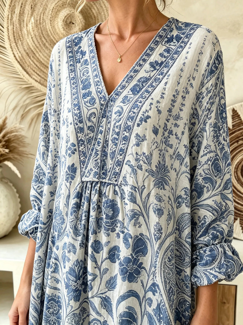 Women's Blue Porcelain Paisley Vintage Print V-Neck Boho Maxi Dress