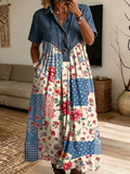 Women’s Denim Spliced Leopard Floral Print Loose Midi Dress With Pockets