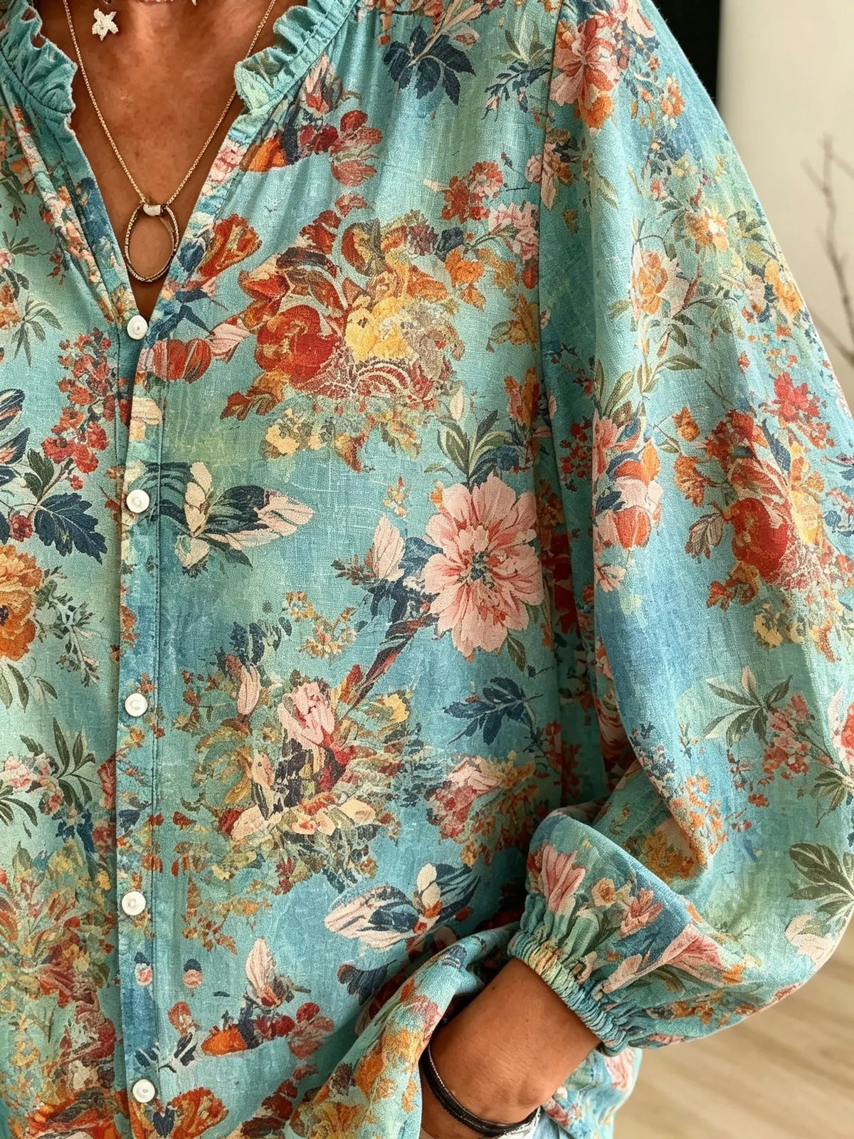 Women's Watercolor Floral Vintage Print V-Neck Lantern Sleeve Blouse