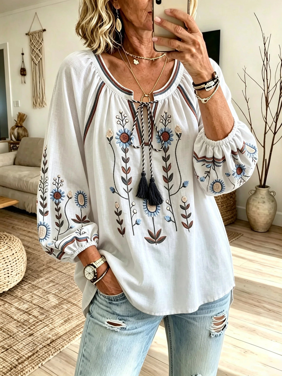 Women's Colorful Daisy Floral Print Tie Neck Puff Sleeve Top