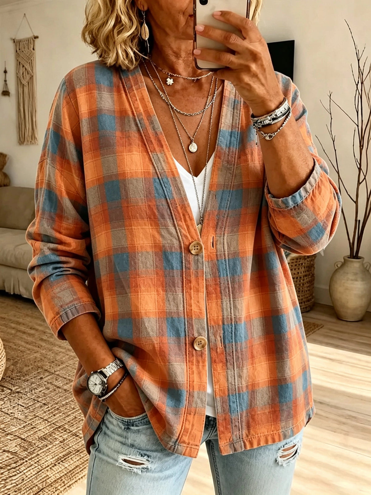 Women's Plaid Button-Front Cardigan Shirt