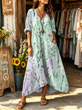 Women's Gradient Watercolor Wild Herb Floral Print V-neck Maxi Dress