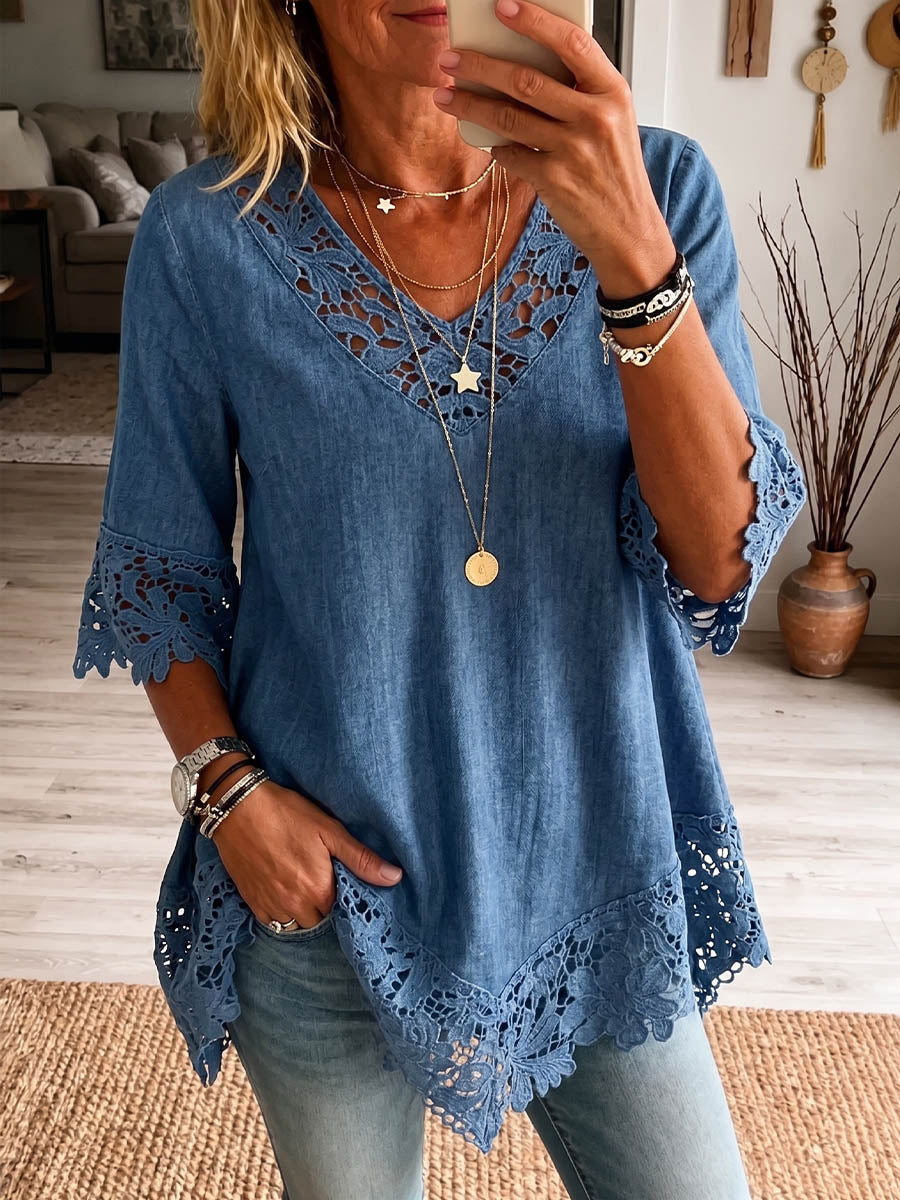 Vintage Elegant Denim Patchwork Openwork Floral Lace Shirt