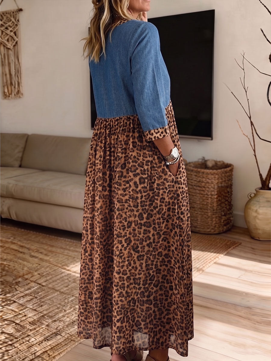 Vintage Elegant Color Blocking Leopard Print Print Patchwork Denim Dress