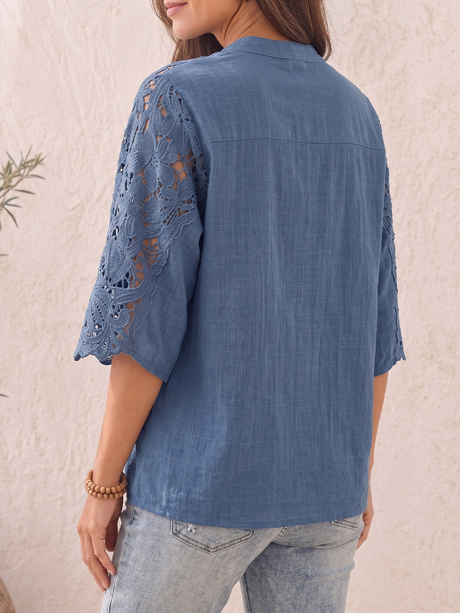 Vintage Elegant Cotton Linen Patchwork Openwork Floral Lace Shirt