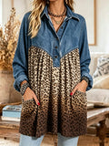 Women's Denim Yoke Leopard Tunic Top