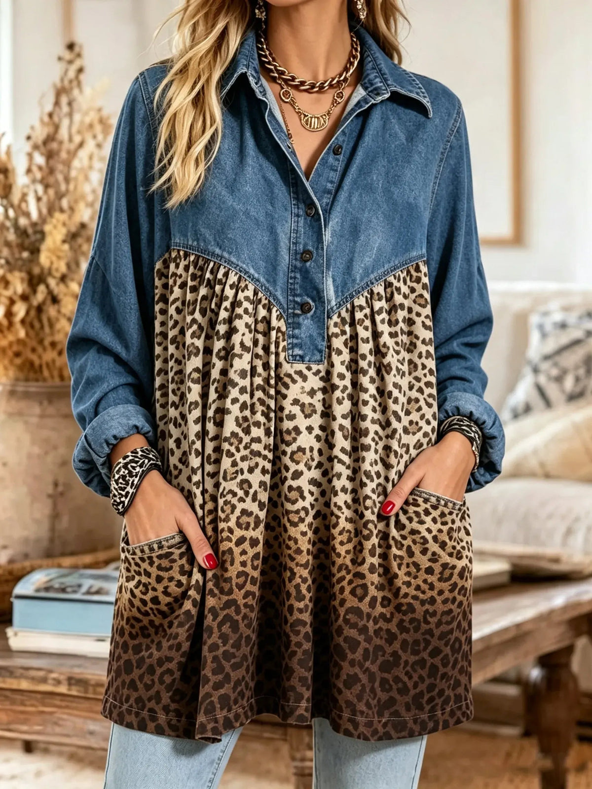 Women's Denim Yoke Leopard Tunic Top