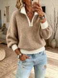 Women Solid Color Block Half Zip Collar Knit Sweater