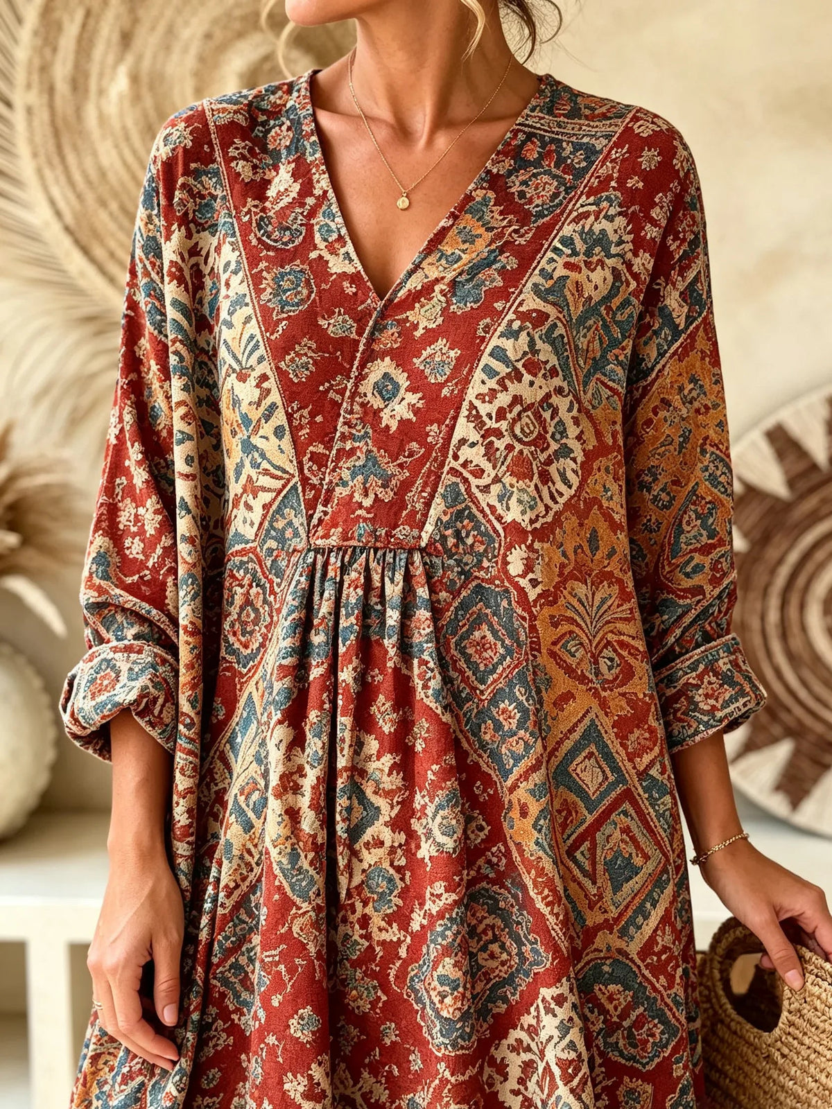Women Vintage Ethnic Floral Geometric Print V-neck Maxi Dress