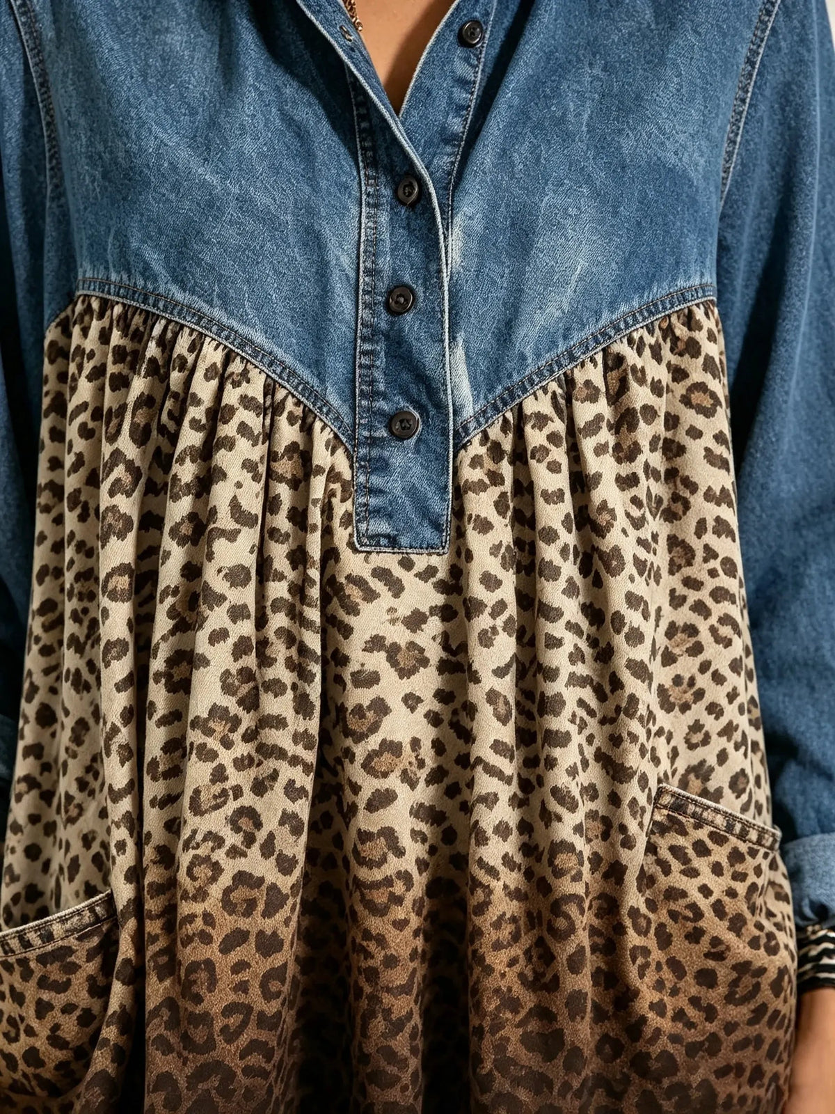 Women's Denim Yoke Leopard Tunic Top