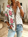 Women's Floral Leopard Patchwork V-Neck Long Sleeve Shirt