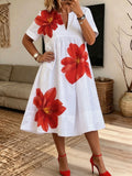 Women Big Red Floral Print Notch Neck Loose Midi Dress