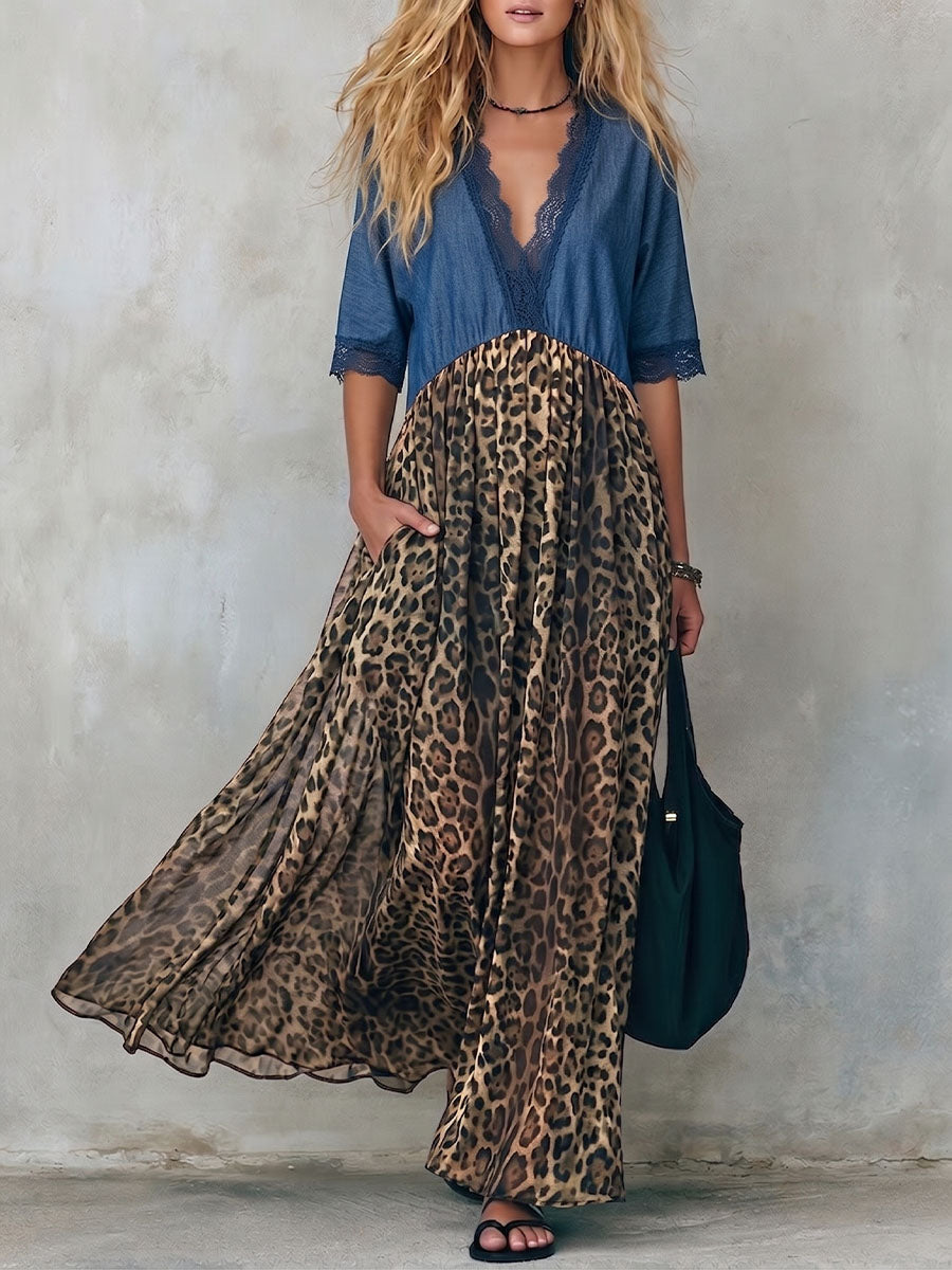 Vintage Elegant Denim Patchwork Lace Color Blocked Leopard Print Dress