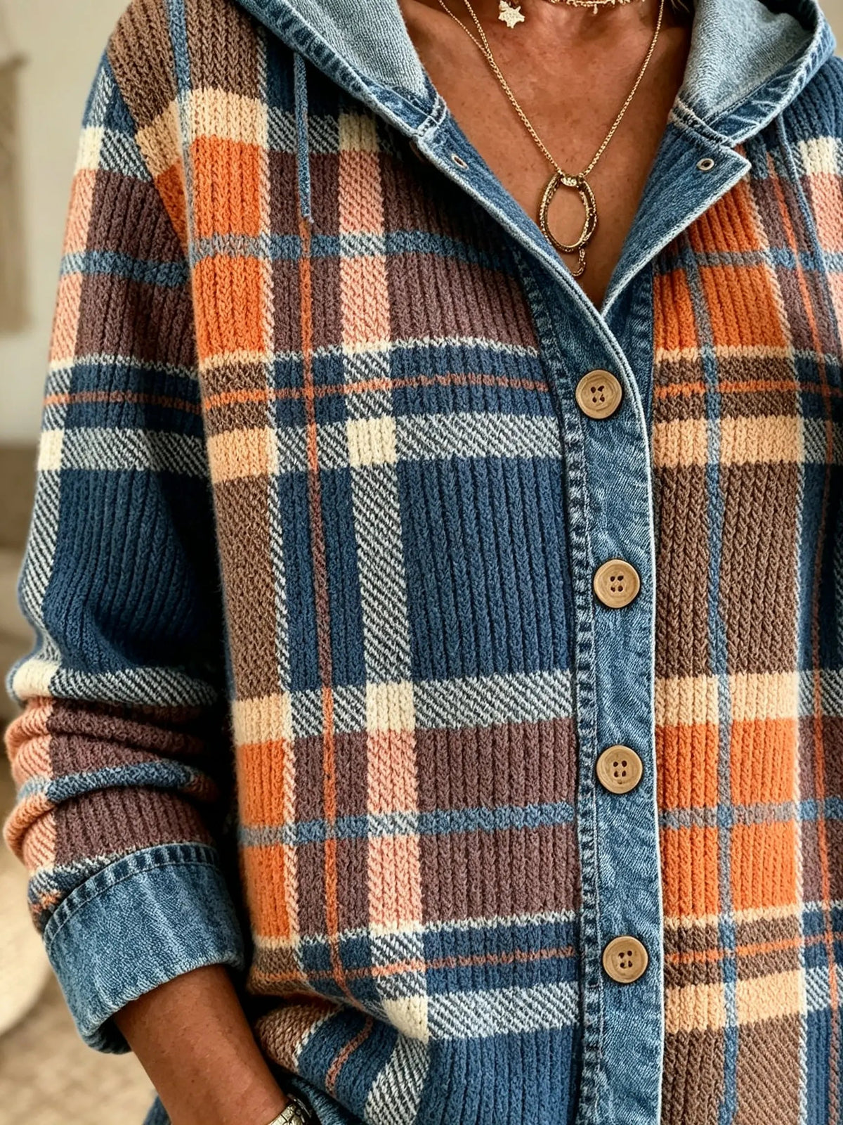 Women Vintage Colorblock Plaid Denim Spliced Hooded Knit Cardigan