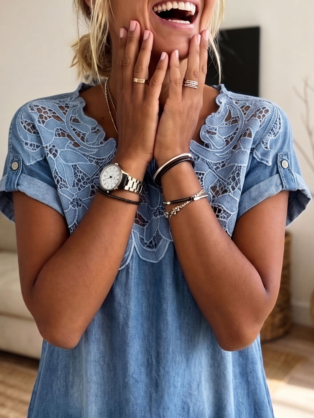 Women's Lace Yoke Spliced Denim Shift Dress With Front Pockets