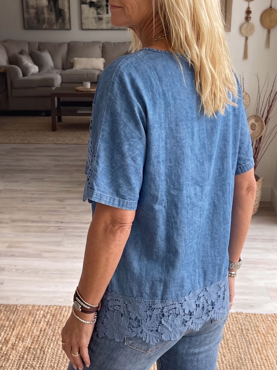 Vintage Elegant Denim Patchwork Openwork Floral Lace Shirt