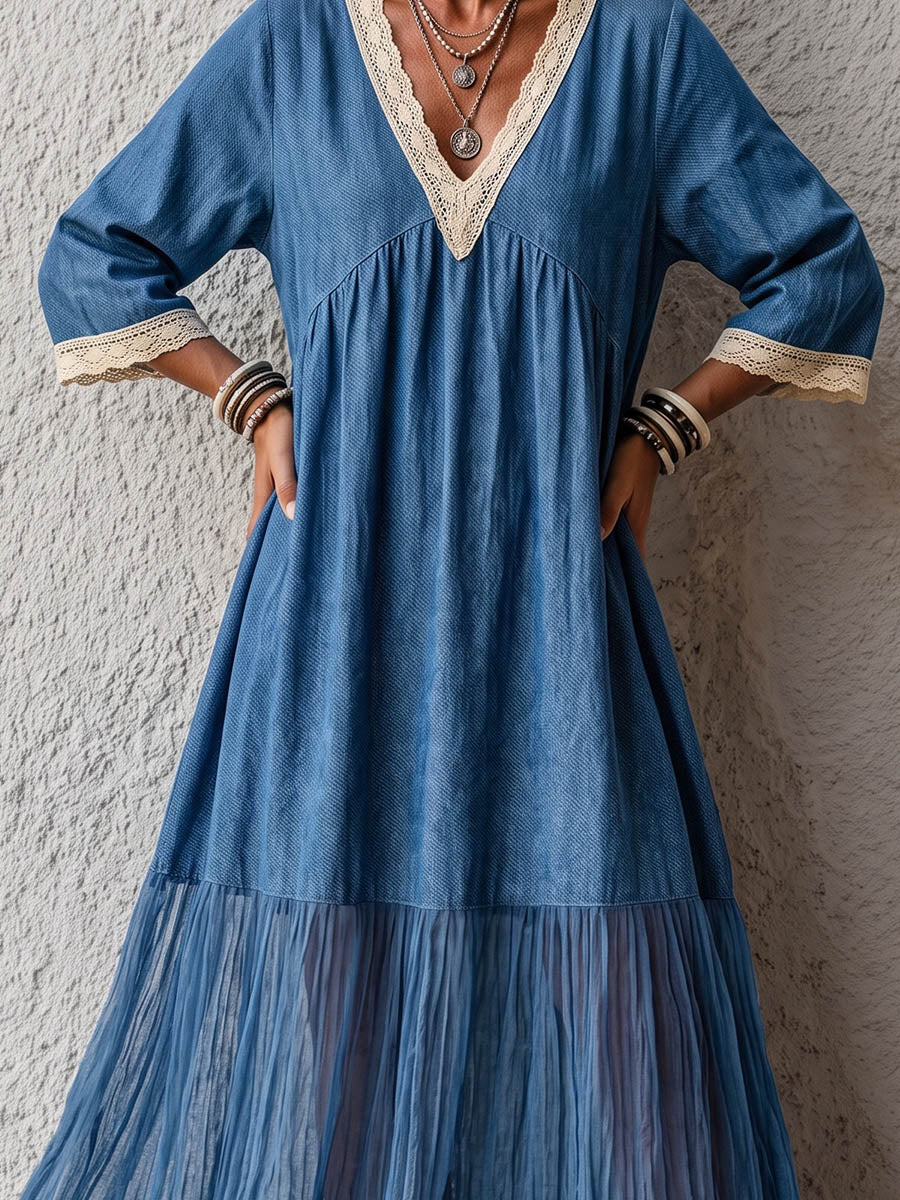 Vintage Elegant Denim Patchwork Lace Color Blocked Dress