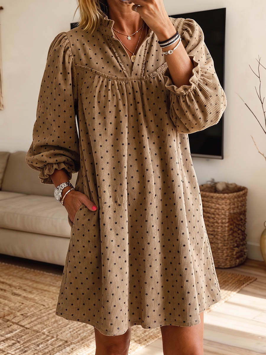 Vintage Elegant Corduroy Puff Sleeve Polka Dot Print Dress