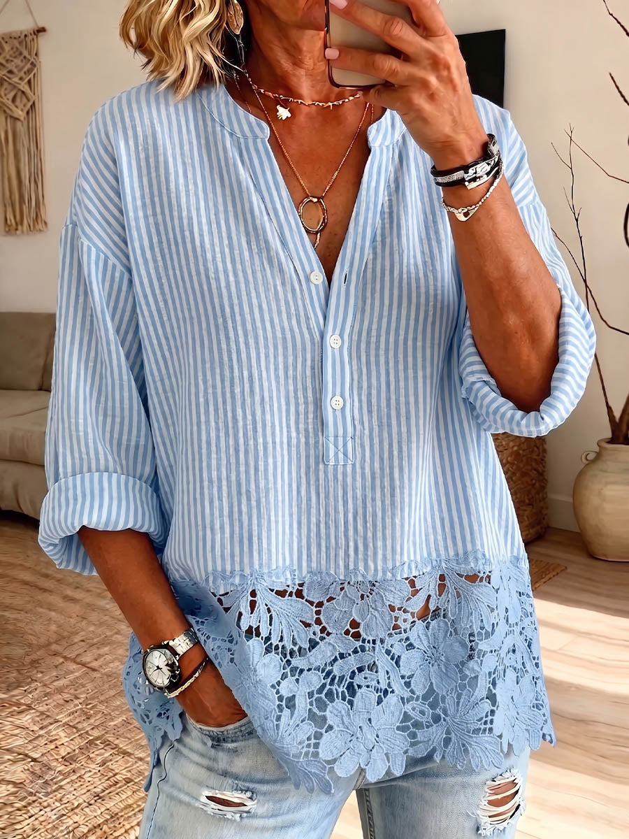 Vintage Elegant Cotton And Linen Patchwork Openwork Floral Lace Shirt
