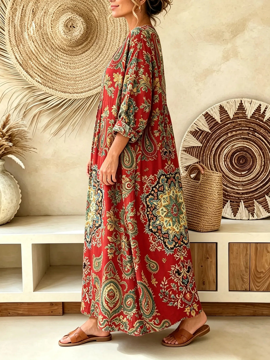 Women's Vintage Paisley Print V-Neck Boho Maxi Dress