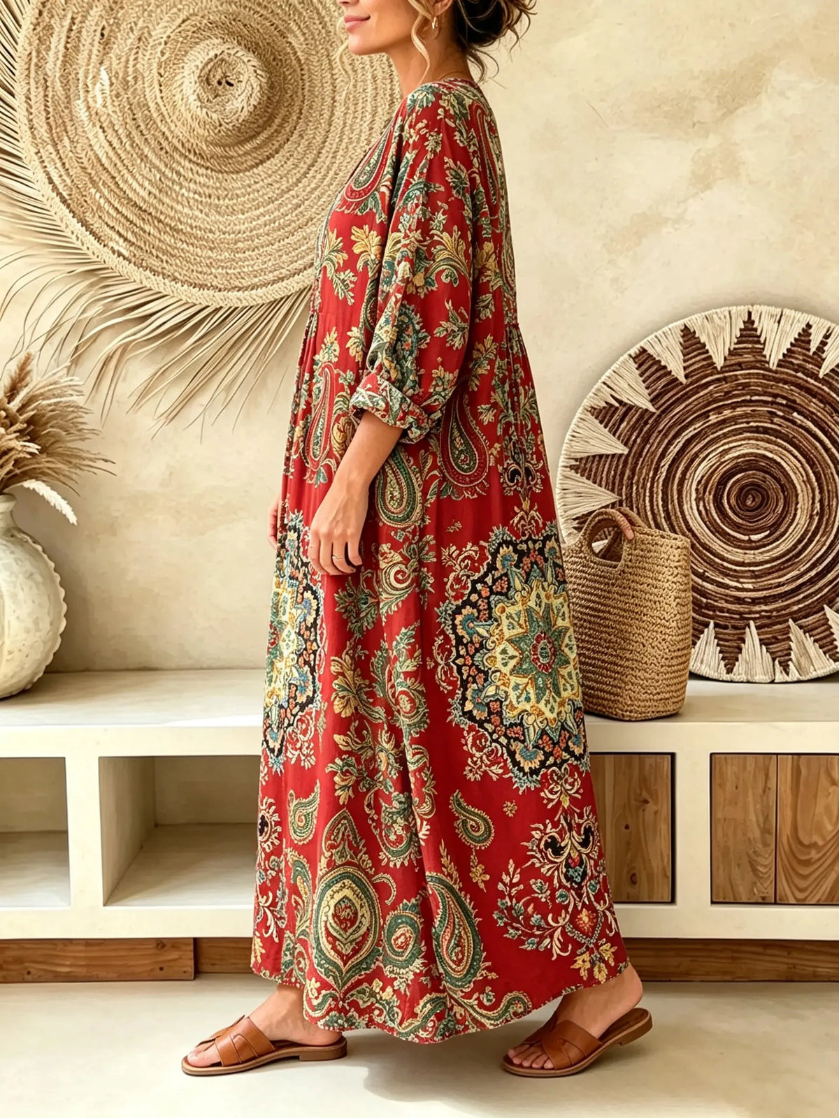Women's Vintage Paisley Print V-Neck Boho Maxi Dress