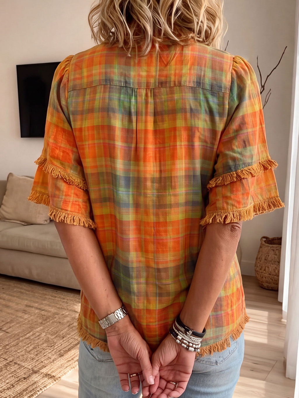Womens Ruffle Collar Plaid Fringe Trim Short Sleeve Button Blouse