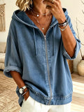 Retro Zip Hooded Art Casual Long Sleeve Denim Shirt
