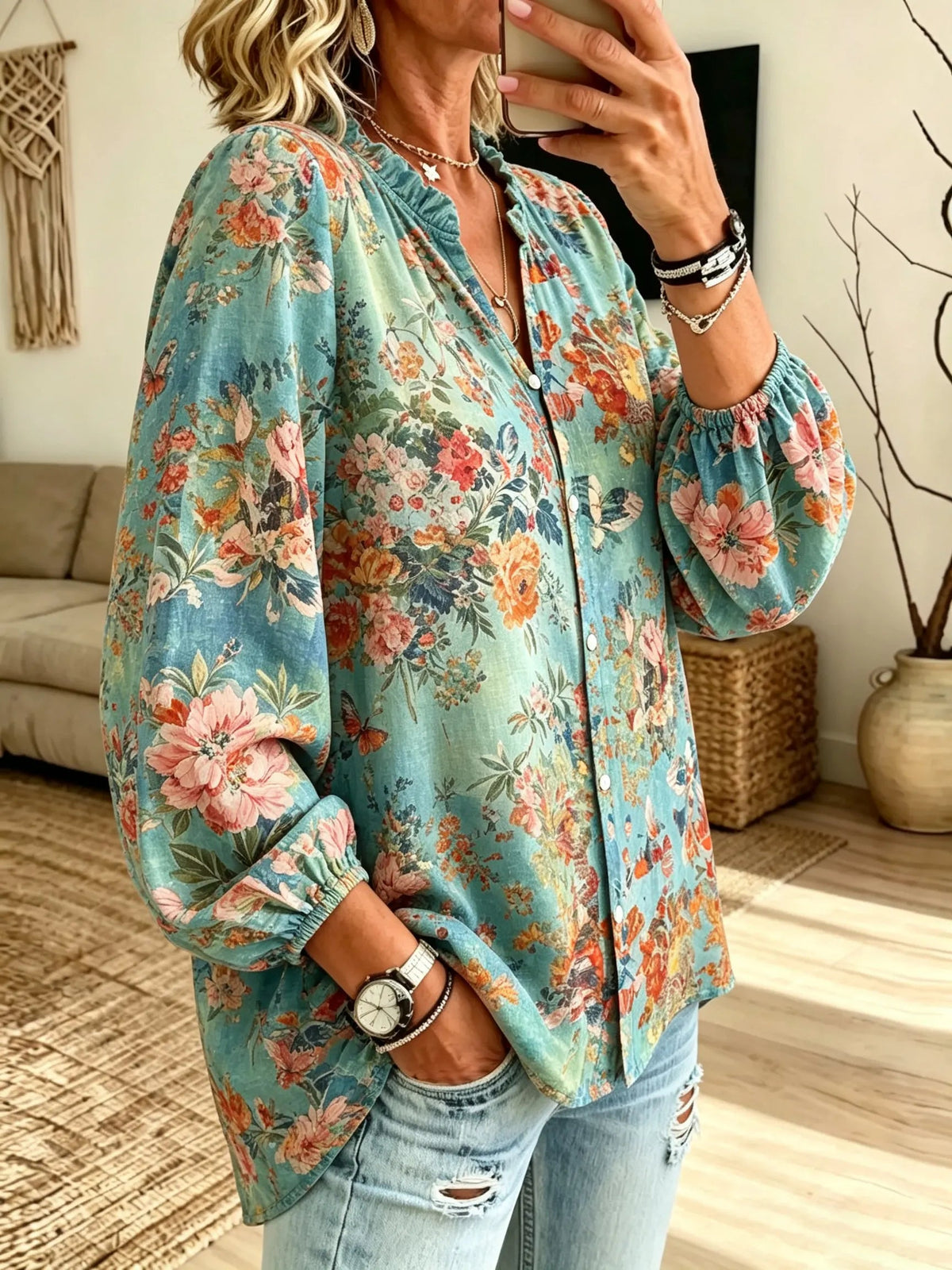 Women's Watercolor Floral Vintage Print V-Neck Lantern Sleeve Blouse