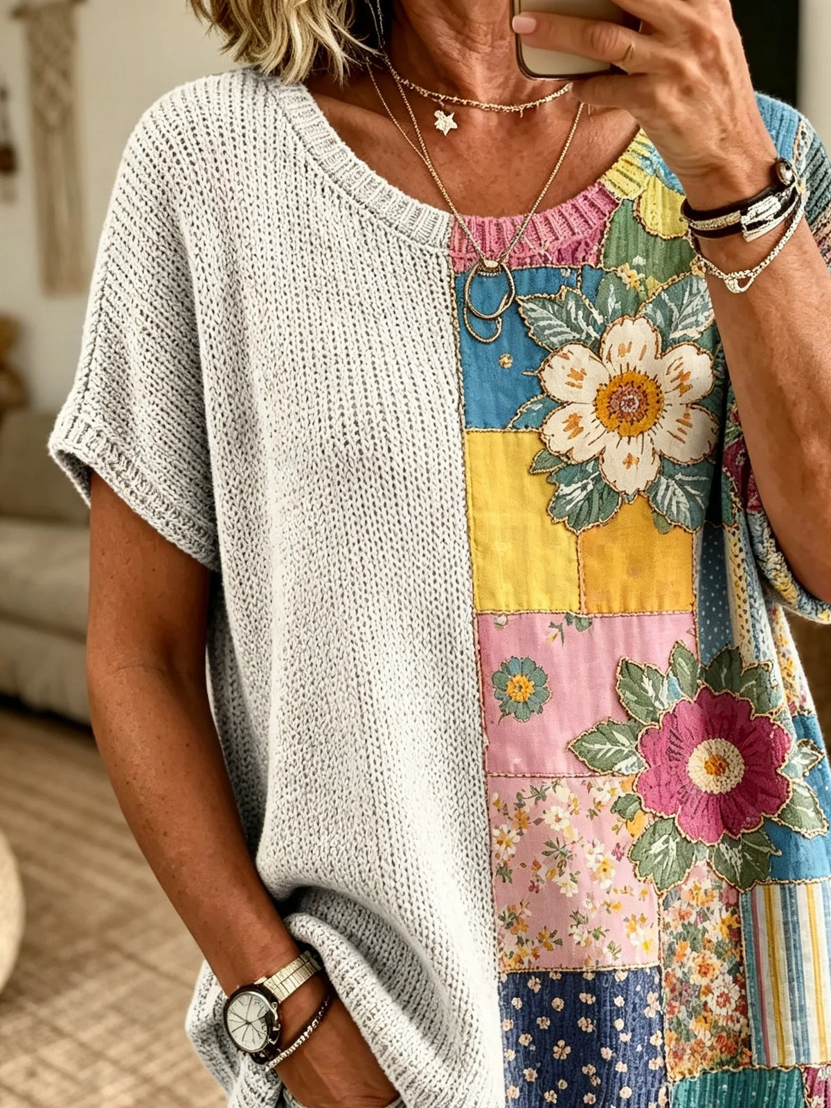Women’s Vintage Patchwork Colorful Big Floral Print Loose Short Sleeve Knit Tee