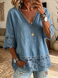 Womens V Neck Lace Trim Washed Denim 3/4 Sleeve Loose Blouse