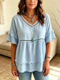Retro V-Collar Hollow Fringe Art Casual Short Sleeve Cotton Linen Shirt